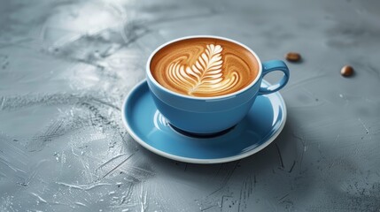 Poster - Cappuccino in blue cup with latte art on textured gray surface with scattered coffee beans creating a cozy coffee break ambiance