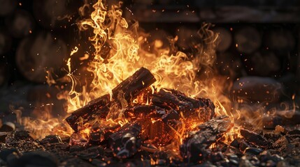 Poster - Vibrant orange and yellow flames engulf dark wooden logs in a fiery blaze against a blurred background of stacked timber, creating a dynamic warm scene.