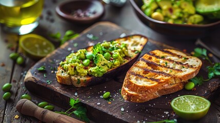Poster - Avocado and Edamame Tartare on Grilled Bread with Cilantro on Rustic Wooden Table Featuring Greens and Lime Slices in Background