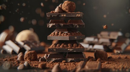 Poster - Stacked chocolate bars and truffles dusted with cocoa powder against a dark background with scattered chocolate pieces and debris around them.