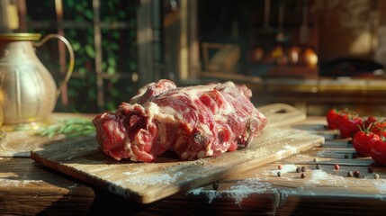 Poster - Raw fresh pork neck resting on a wooden cutting board surrounded by fresh herbs and cherry tomatoes in a sunlit rustic kitchen setting.