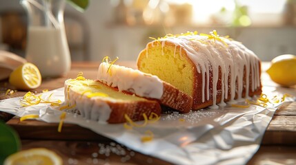 Poster - Freshly baked lemon pound cake drizzled with a powdered sugar glaze, sliced and garnished with lemon zest, presented on a rustic wooden table with bright yellow lemons and greenery, soft natural light