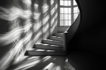 Poster - Monochrome architectural study of a staircase with wavy light patterns playing across the walls, featuring a textured window and a dark, contrasting space.