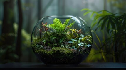 Aufkleber - Vibrant terrarium with lush green ferns and plants in a round glass container illuminated softly, set against a blurred natural background.