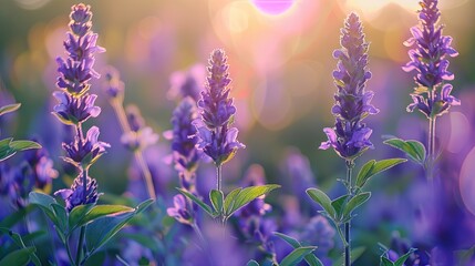 Leinwandbilder - Delicate purple flowers in soft focus basking in warm sunlight amidst a vibrant meadow, with hints of green leaves and a dreamy bokeh background.