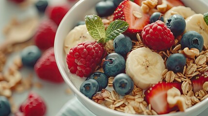 Poster - Healthy muesli bowl filled with oats fresh bananas strawberries raspberries blueberries topped with mint leaves vibrant colors in focus