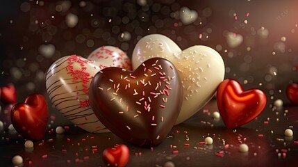 Poster - Valentine's Day chocolate hearts arranged artfully with sprinkles on a soft blurred background featuring deep reds and warm tones