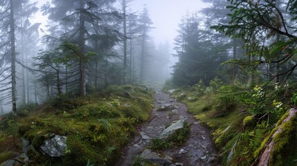 Aufkleber - Hiking trail winding through foggy spruce forest with rocky path and lush green moss on ground surrounded by tall trees in serene morning light