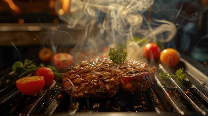 Poster - Sizzling chicken steak on a hot plate surrounded by fresh vegetables and herbs with wisps of steam rising in a warm kitchen setting.