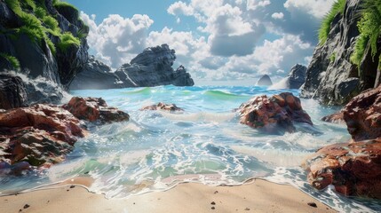Aufkleber - Lush rocky coastline meeting a sandy lagoon with gentle waves, vibrant blue water and white clouds creating a serene tropical landscape scene.