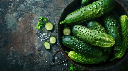 Poster - Fresh green cucumbers arranged in a dark bowl on a rustic surface, with sliced cucumbers and herbs on the side, overhead view capturing textures.