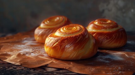 Poster - Freshly baked spiral-shaped sweet bread rolls on crumpled brown parchment paper, featuring golden crust and glazed finish, placed in a warm lighting setting.