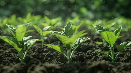 Poster - Green tobacco seedlings in fertile soil with vibrant green leaves, arranged in rows, illuminated by soft light, create an atmosphere of growth.