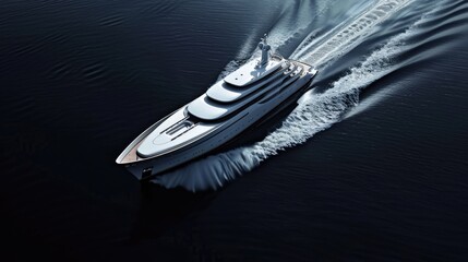 Poster - Luxury yacht gliding across calm blue waters leaving a white wake with reflections of sunlight creating a serene outdoor atmosphere
