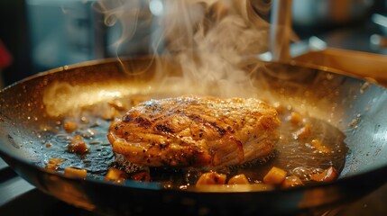 Poster - Sizzling chicken steak on a hot plate with golden-brown sear surrounded by steaming vegetables in a dark frying pan in a kitchen setting.