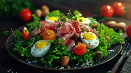Poster - Vibrant Easter salad featuring fresh greens, quail eggs, prosciutto, cherry tomatoes, and dressed with mayonnaise on a rustic wooden table.