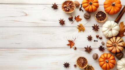 Aufkleber - Autumn flat lay featuring vibrant orange and white pumpkins, anise stars, acorn nuts, and colorful leaves on a white wooden background.