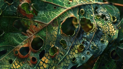 Aufkleber - Close-up view of a textured green leaf featuring irregular holes from insect damage with hues of brown and yellow throughout the intricate veins.