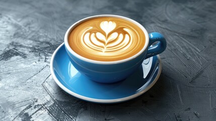 Aufkleber - Cappuccino with intricate latte art in a vibrant blue cup on a textured gray surface creating a cozy coffee moment with vivid colors.