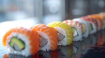 Poster - Row of colorful maki sushi with orange, yellow, and red toppings against a dark reflective surface, arranged in a straight line.