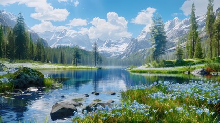 Poster - Tranquil alpine landscape with vibrant blue flowers in foreground, serene pond reflecting majestic mountains and lush green pine trees under clear sky