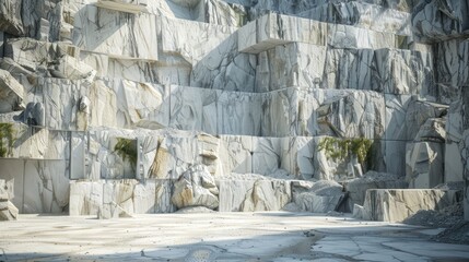 Leinwandbilder - Marble quarry showcasing layers of white marble with intricate veining and textures, surrounded by rocky terrain and natural greenery in sunlight.