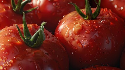 Aufkleber - Fresh organic Amish paste tomatoes with droplets, vibrant red color, close-up view showcasing glistening skin and green stems against a soft blurred background.