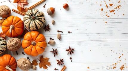 Poster - Autumn flat lay featuring vibrant orange pumpkins, acorns, cinnamon sticks, and leaves scattered on a white wood background with ample space for text.