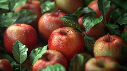 Aufkleber - Fresh red apples with dew drops nestled among vibrant green leaves, arranged closely to highlight their unique textures and colors for healthy eating.
