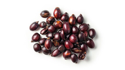 Poster - Palm oil nuts scattered on a clean white background showcasing natural deep red and brown hues, highlighting their organic texture and shape.