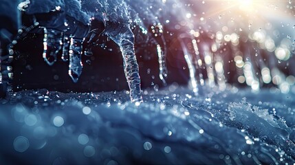 Aufkleber - Close up of melting icicles with sparkling water droplets illuminated by sunlight, showcasing the transition from winter to spring in a vibrant background.