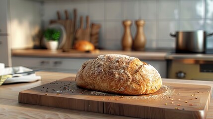Poster - Rustic homemade bran bread loaf on wooden cutting board, set against bright kitchen backdrop with warm wooden utensils and stylish decor elements.