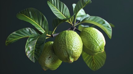 Aufkleber - Green guava branch with three vibrant round fruits and lush dark green leaves against a soft green background showcasing natural freshness.