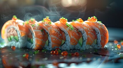 Poster - Vibrant spicy salmon sushi rolls lined up on a dark slate plate with green onions sesame and bright orange roe garnishing the top.