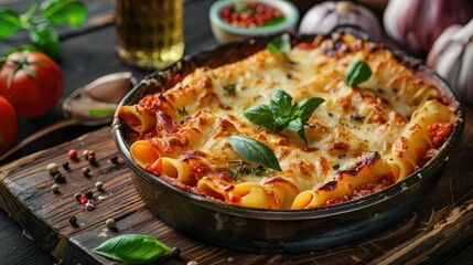 Poster - Baked pasta with melted cheese and fresh basil in a rustic dish surrounded by tomatoes and garlic on a wooden table, vibrant colors and textures