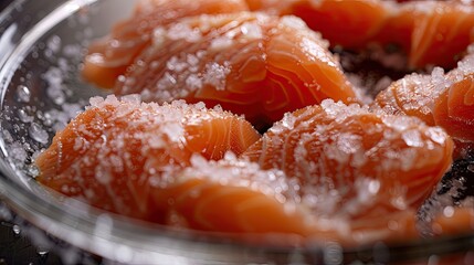 Aufkleber - Fresh salmon fillets garnished with coarse salt in a clear glass bowl arranged in the center against a soft blurred background