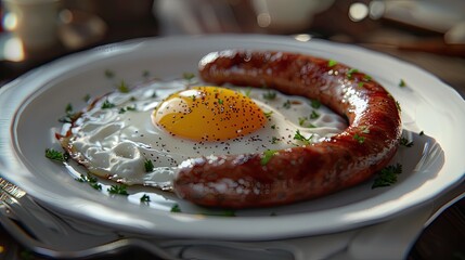 Poster - Turkish breakfast featuring a juicy sausage alongside a perfectly fried sunny-side-up egg on a white plate garnished with green parsley