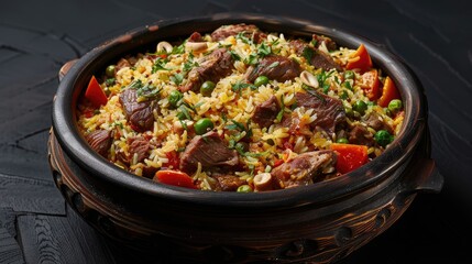 Aufkleber - Aromatic Uzbek plov with tender lamb, colorful vegetables, and herbs served in a traditional clay pot on a dark wooden surface.
