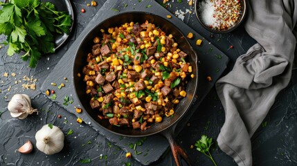 Poster - Beef hash with roasted corn, garlic, and parsley in a skillet on a grey concrete table with a grey cloth, flat lay view showcasing vibrant colors.