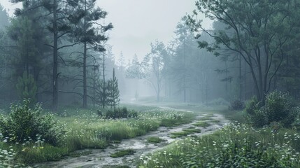 Aufkleber - Foggy country road winding through lush green forest with tall trees and wildflowers on a serene spring morning. Soft light filtering through mist.