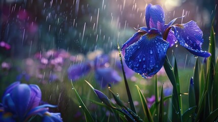 Aufkleber - Vibrant purple iris flowers adorned with raindrops set against a blurred garden background under soft evening light creating a serene atmosphere.