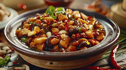 Poster - Spicy mushroom appetizer in dark earthy bowl with mushrooms and peppers on wooden table garnished with herbs and chili peppers in background