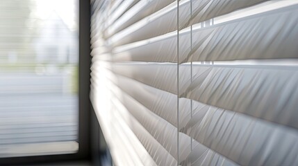 Fototapete - Closeup of white pleated blinds with 50mm folds positioned in a modern apartment window, showcasing top down bottom up privacy features in soft natural light.