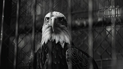 Poster - Majestic eagle with piercing gaze staring from behind dark metal bars in an indoor zoo setting showcasing intricate feather details and textures.