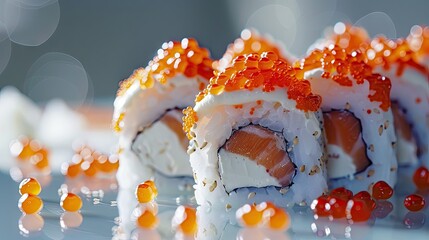 Poster - Creamy sushi rolls with cream cheese and tobiko caviar against a soft-focus background with orange and white elements showcasing freshness and texture