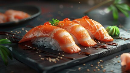 Poster - Fresh salmon nigiri sushi garnished with wasabi and ginger on a dark slate plate, featuring vibrant orange salmon on white rice with green accents.