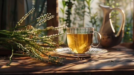 Poster - Fresh horsetail twigs and a steaming cup of herbal tea on a wooden table bathed in warm sunlight with a soft focus on greenery in the background