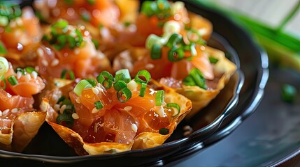 Poster - Crispy wonton cups filled with fresh salmon and topped with green onions on a black plate with a vibrant green background.