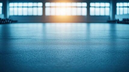 Poster - Blue Gym Floor Background with Blurred Windows and Weights