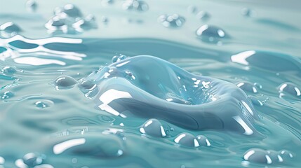 Aufkleber - Blue gel droplet surrounded by bubbles on smooth watery surface reflecting light creating a dynamic texture suitable for cleaning product imagery